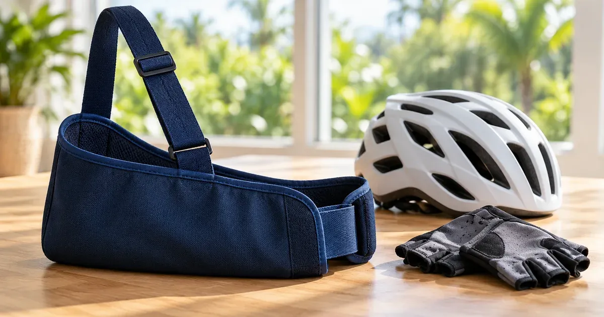 An empty navy arm sling beside a white cycling helmet and gray gloves on a wooden table with greenery beyond a window.