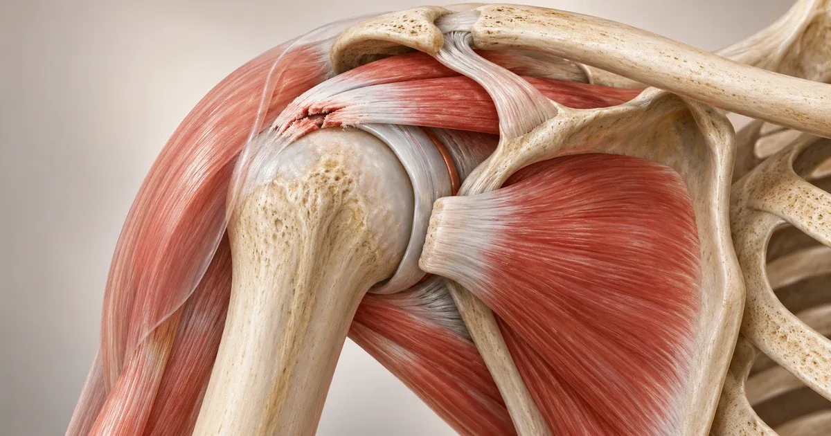 A realistic anatomical shoulder model showing the rotator cuff tendons around the humeral head, including a small supraspinatus tear.