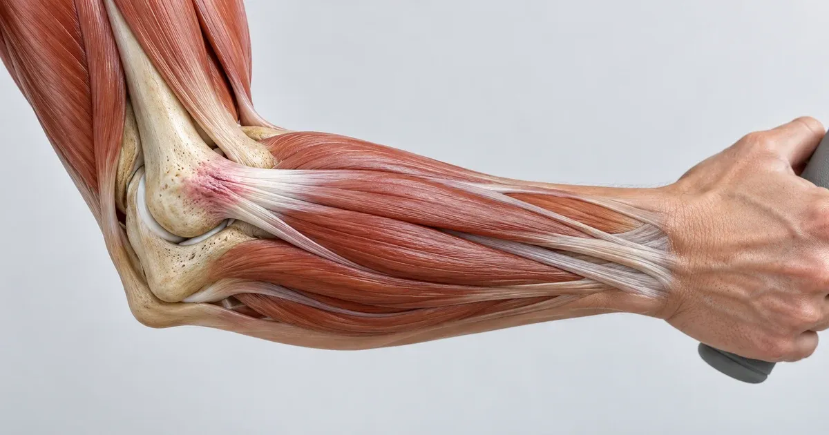 An anatomical view of the outer elbow showing the common extensor tendon attachment near the lateral epicondyle