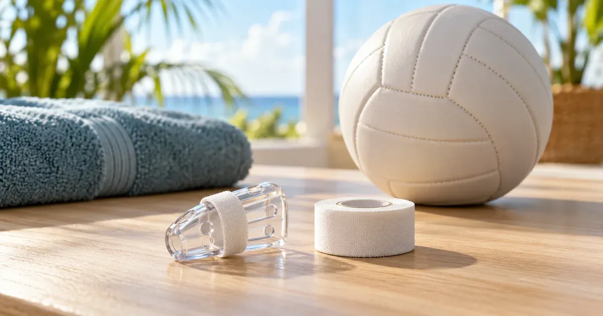 A small clear fingertip splint and roll of white medical tape beside a plain volleyball and blue towel on a wooden table.