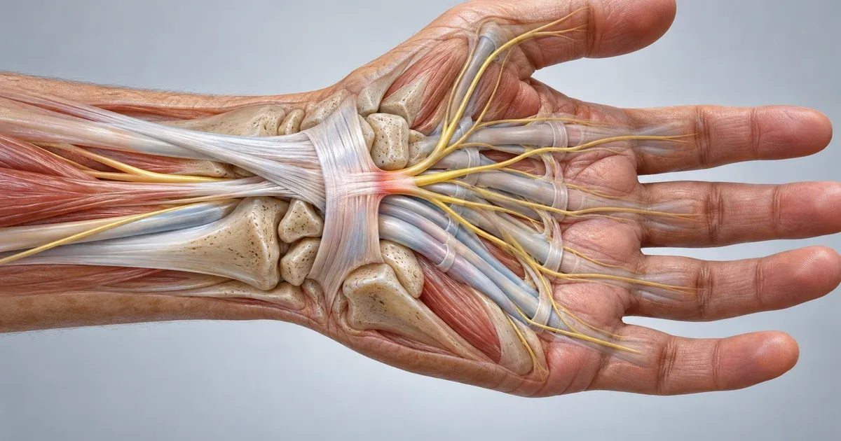 An anatomical view of the palm-side wrist showing the median nerve beneath the carpal tunnel ligament