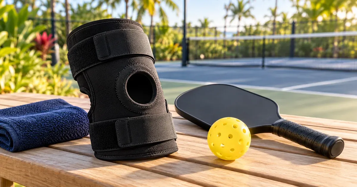 A black knee brace, plain pickleball paddle, yellow ball, and folded navy towel on a wooden bench beside a tropical court.