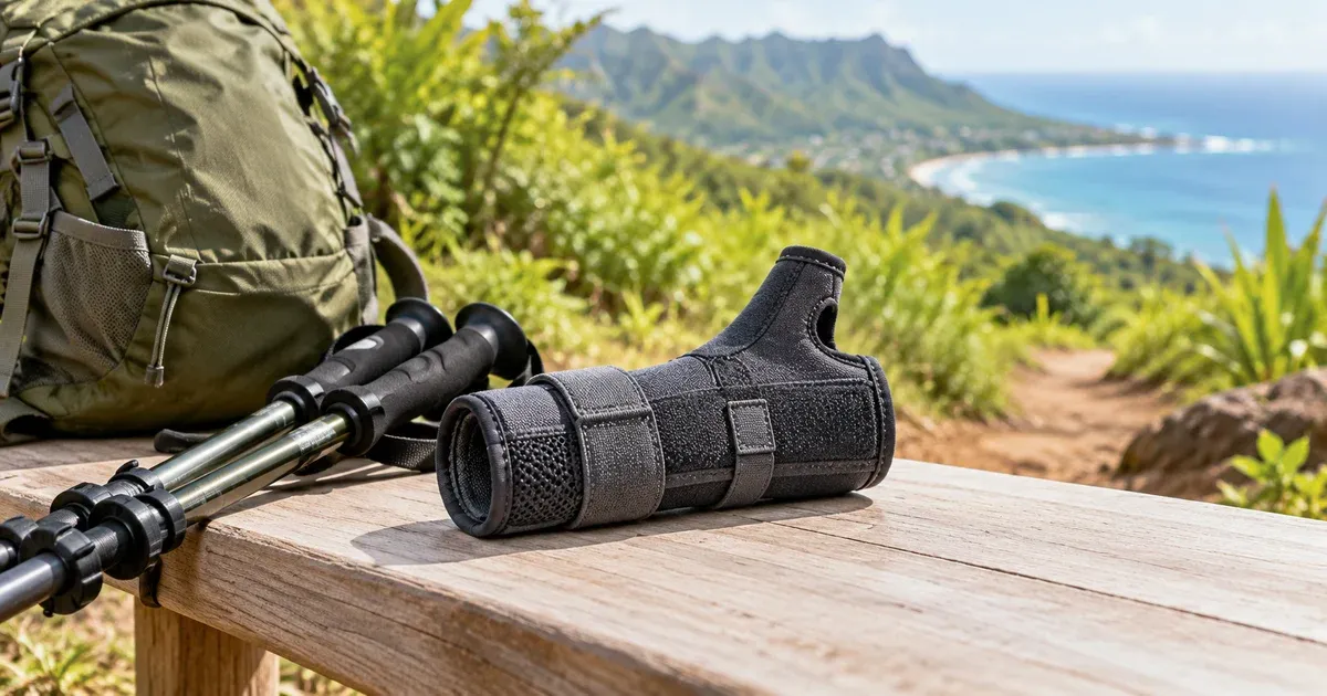 A wrist-and-thumb brace beside a hiking backpack and trekking poles on a wooden bench above a tropical coastline.