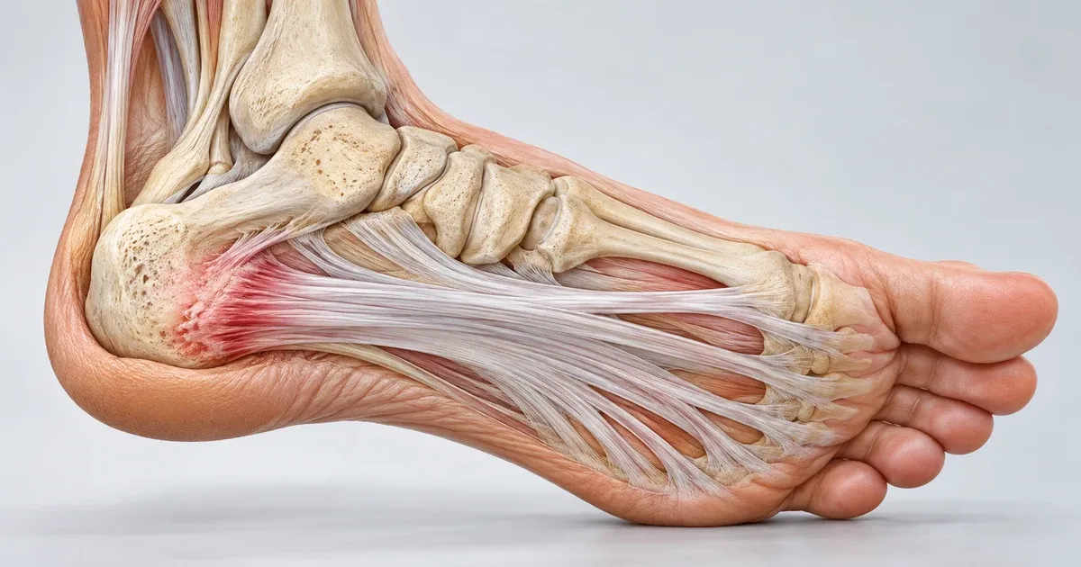An anatomical view of the plantar fascia attaching to the heel bone
