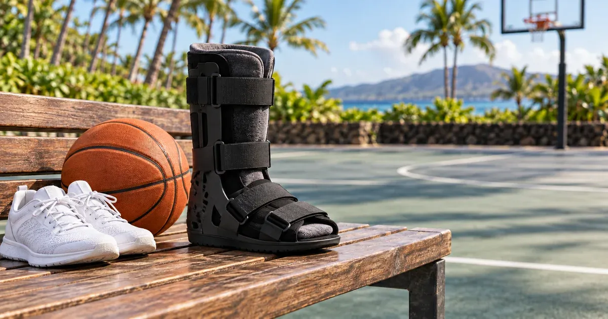 A black walking boot, orange basketball, and white athletic shoes on a wooden bench beside an outdoor court with palms.