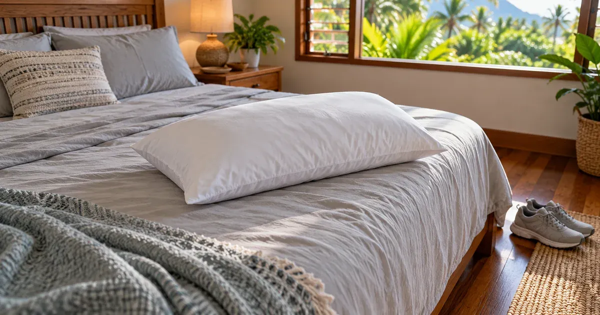 A white pillow resting diagonally on a gray bed, with walking shoes on the wooden floor and tropical greenery outside the window.