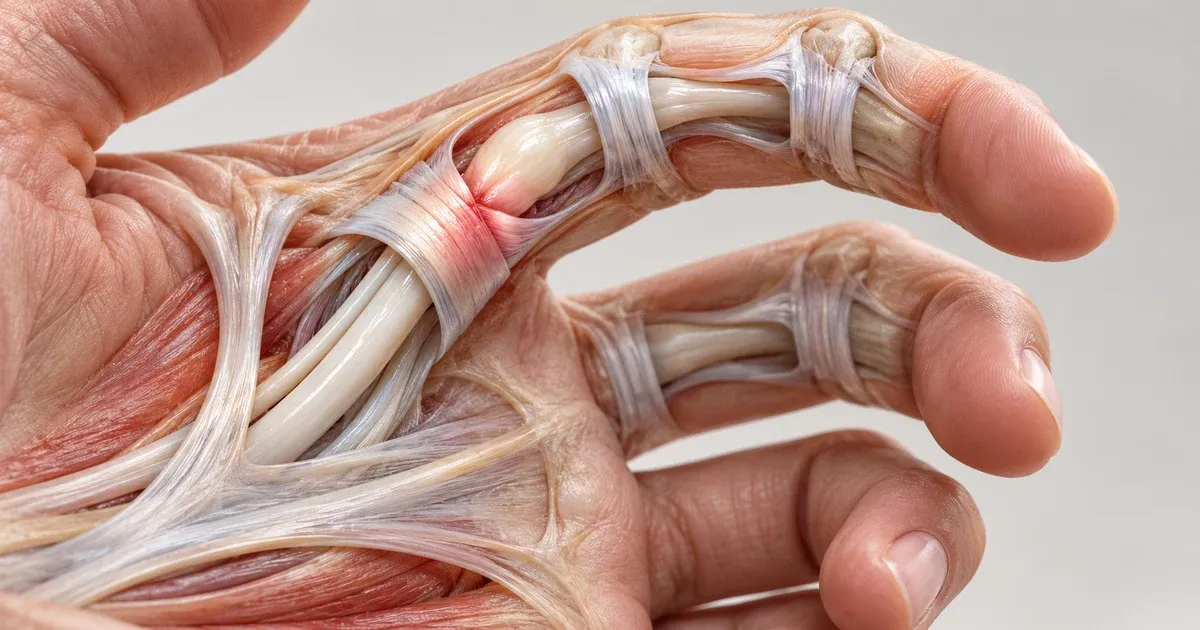 An anatomical view of a flexor tendon passing through the pulley at the base of a finger
